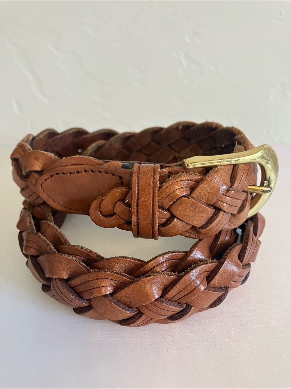 Lands' End Braided Leather Belt in Brown with Gold Buckle